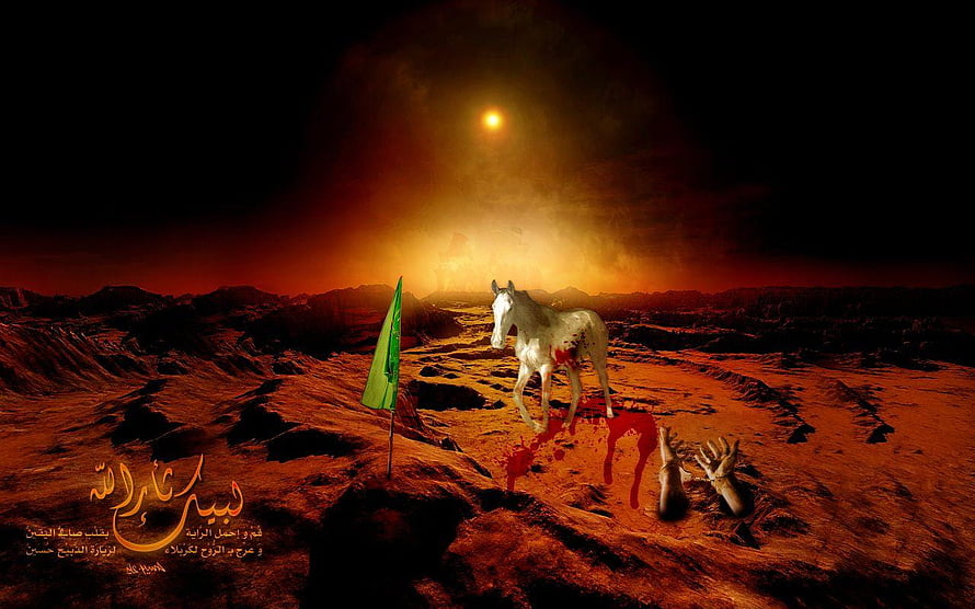 Muharram Remembrance Scene with White Horse and Green Flag in Dramatic Landscape HD wallpaper