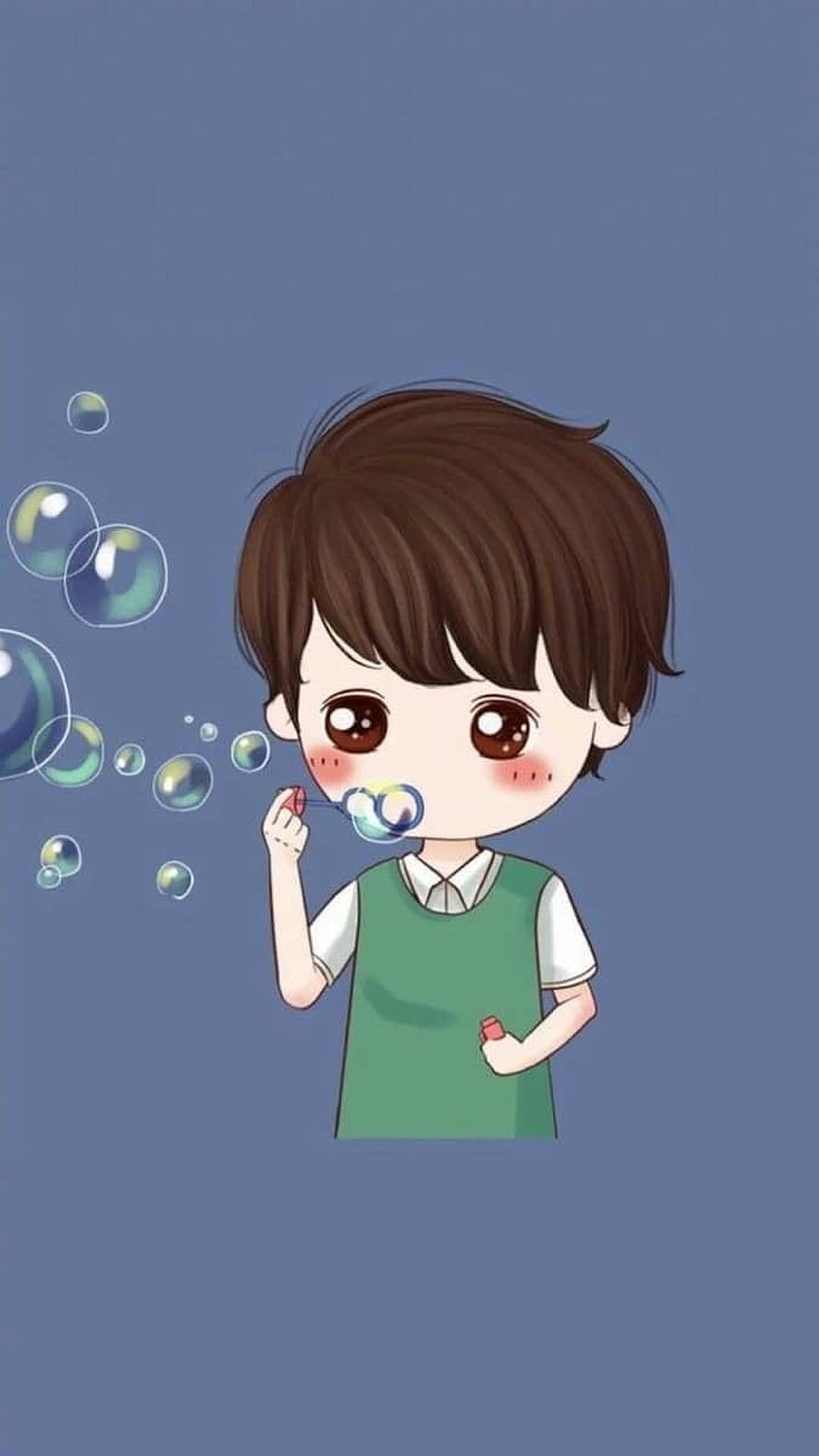 Cute Chibi Boy Blowing Soap Bubbles in Green Vest HD phone wallpaper