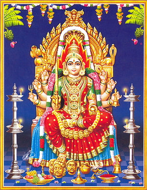 Goddess Kali Sitting on Throne with Offerings and Oil Lamps HD phone wallpaper