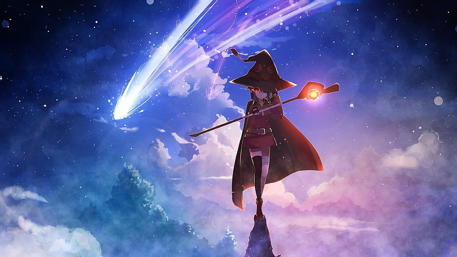 Megumin from KonoSuba Standing on a Spire Under a Starry Night Sky with a Shooting Star HD wallpaper