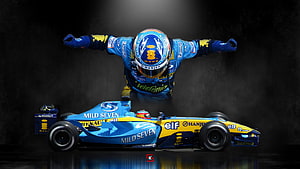 Fernando Alonso Renault F1 Car and Driver Celebration Wallpaper HD wallpaper