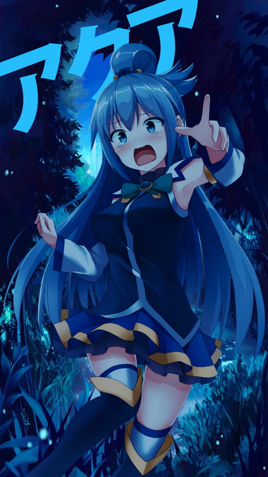 Aqua from KonoSuba in a dark forest with glowing blue text and expressive pose HD phone wallpaper