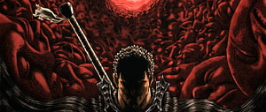 Guts from Berserk holding the Dragon Slayer sword in a dark red hellish landscape HD wallpaper