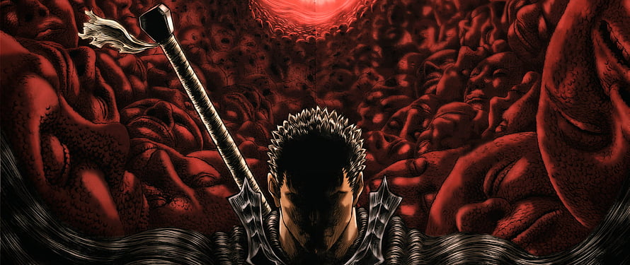 Guts from Berserk holding the Dragon Slayer sword in a dark red hellish landscape HD wallpaper