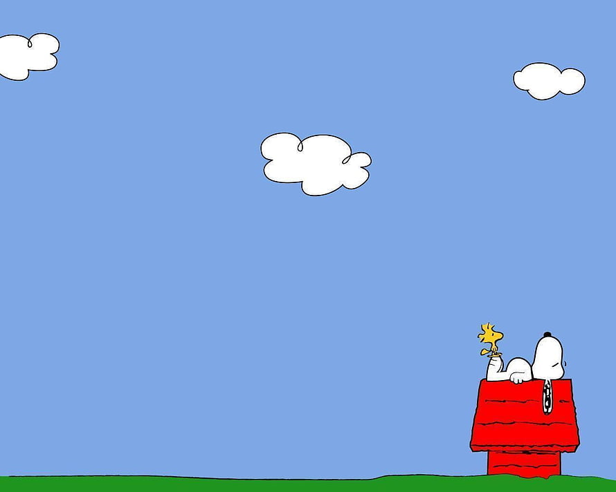 Snoopy and Woodstock relaxing on the red doghouse under a clear blue sky with fluffy clouds HD wallpaper
