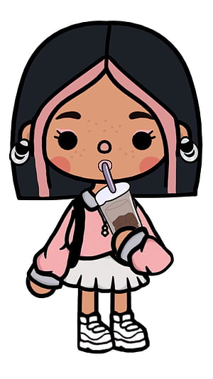 Cute Cartoon Girl Drinking Bubble Tea with Boba Pearls and Pink Streaks HD phone wallpaper