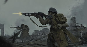 Death Korps of Krieg soldiers firing rifles in a gritty warzone with tanks and smoke HD wallpaper