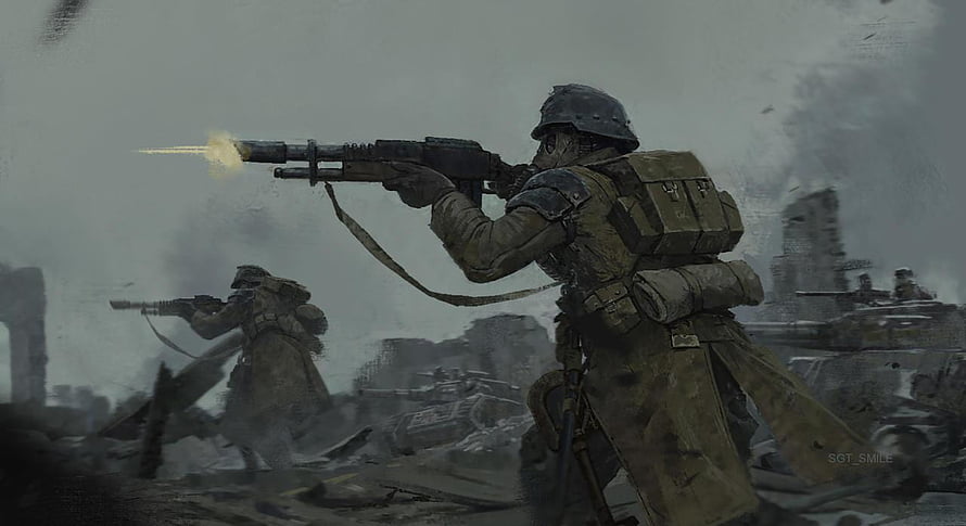 Death Korps of Krieg soldiers firing rifles in a gritty warzone with tanks and smoke HD wallpaper