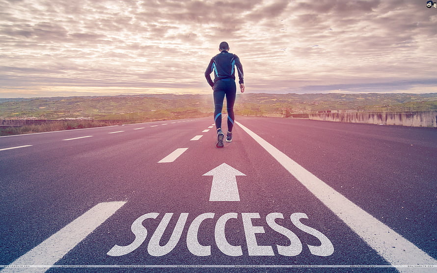 Runner on Highway with Success Arrow and Sunrise Skyline HD wallpaper
