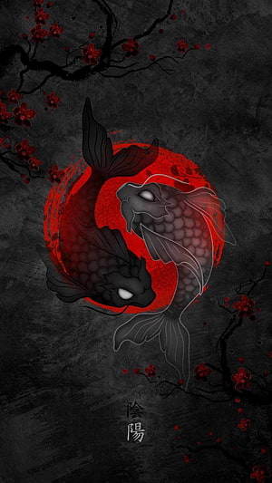 Dark Yin Yang Koi Fish Wallpaper with Red Plum Blossoms and Japanese Calligraphy HD phone wallpaper