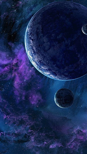 Mystical Deep Space Nebula With Giant Blue Planets And Purple Cosmic Clouds HD phone wallpaper