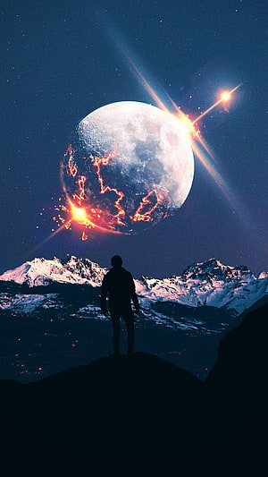 Silhouette of a person standing on a mountain peak gazing at a massive moon with fiery lava cracks and bright starbursts in a dark night sky HD phone wallpaper