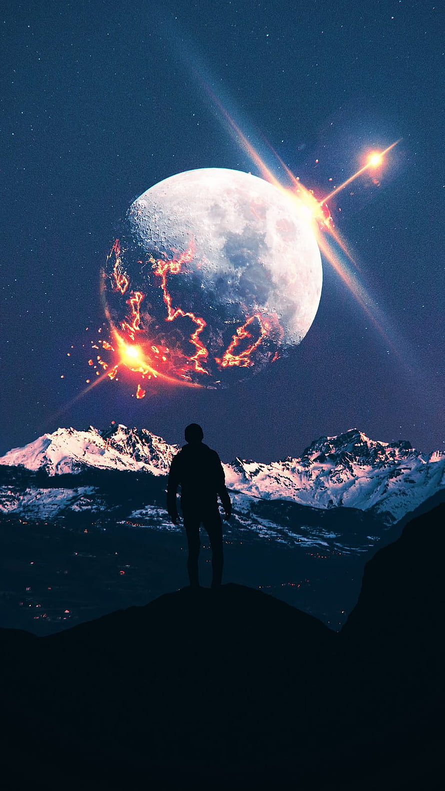 Silhouette of a person standing on a mountain peak gazing at a massive moon with fiery lava cracks and bright starbursts in a dark night sky HD phone wallpaper