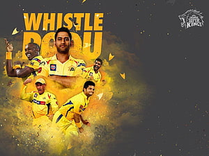 Chennai Super Kings Cricket Team Players in Yellow Uniforms with Dynamic Splash Background HD wallpaper