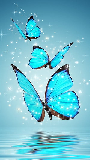 Magical Blue Morpho Butterflies Flying Over Sparkling Water HD phone wallpaper