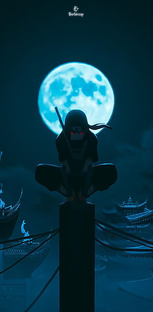 Itachi Uchiha Sitting on Roof Under Giant Blue Moon HD phone wallpaper