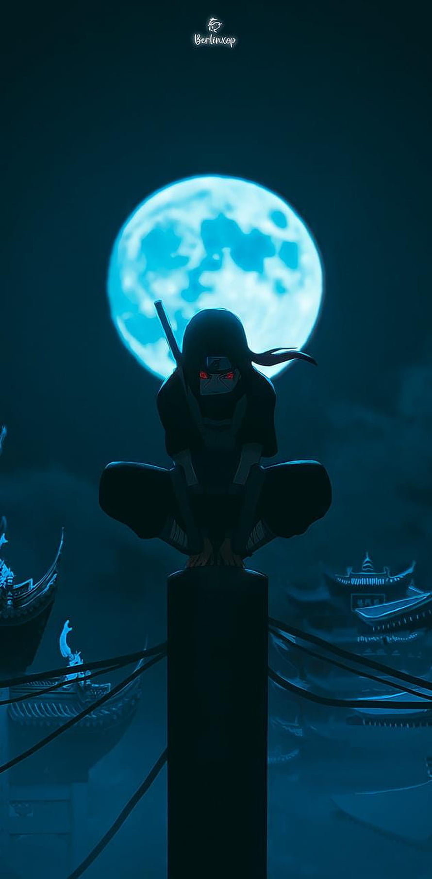 Itachi Uchiha Sitting on Roof Under Giant Blue Moon HD phone wallpaper