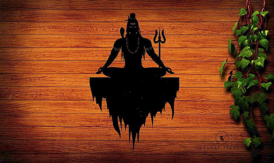 Lord Shiva Meditating Silhouette on Rustic Wood Background with Green Ivy HD wallpaper