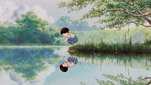 Studio Ghibli Watercolor Illustration of a Boy Crouching by a Serene Lake HD wallpaper