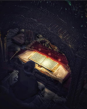 Dark Fantasy Monk Reading Glowing Ancient Book in Ornate Chamber HD phone wallpaper