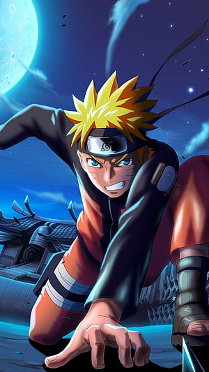 Naruto Uzumaki in Action Pose Under Moonlight Anime Wallpaper HD phone wallpaper