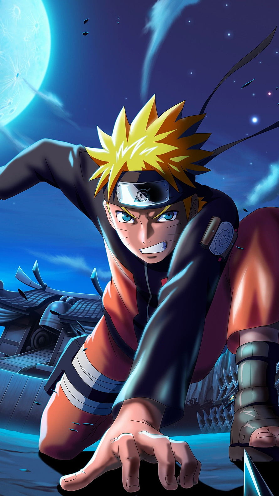 Naruto Uzumaki in Action Pose Under Moonlight Anime Wallpaper HD phone wallpaper