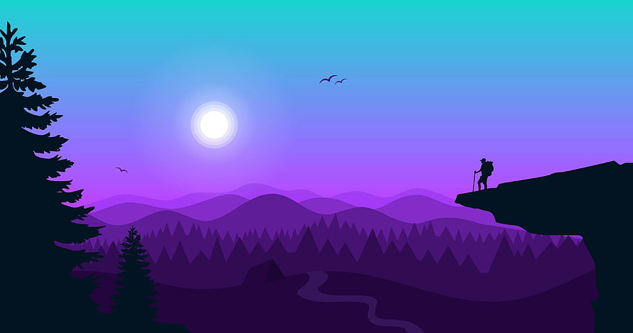 Purple Minimalist Mountain Landscape with Hiker Silhouette and Sunset Sky HD wallpaper