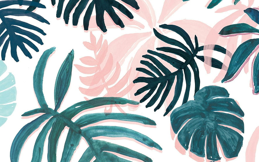 Watercolor Tropical Palm Leaves Pattern in Teal and Pink on White Background HD wallpaper