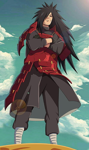 Hidan from Naruto Shippuden standing with arms crossed in red flak jacket against blue sky HD phone wallpaper
