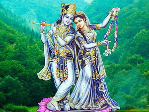 Radha Krishna Yugal Playing Flute and Holding Garland in Lush Green Forest HD wallpaper