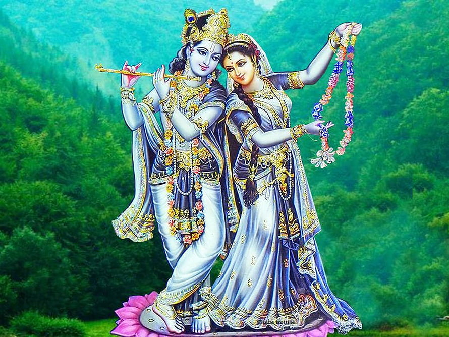 Radha Krishna Yugal Playing Flute and Holding Garland in Lush Green Forest HD wallpaper