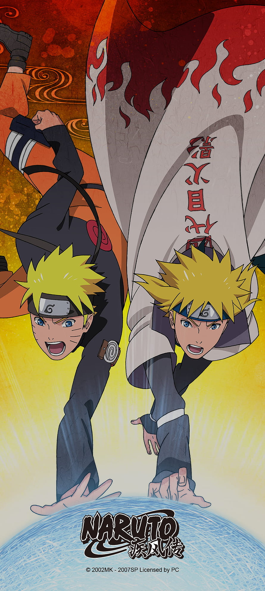 Naruto Uzumaki and Minato Namikaze in Dynamic Action Pose with Fire and Water Elements HD phone wallpaper