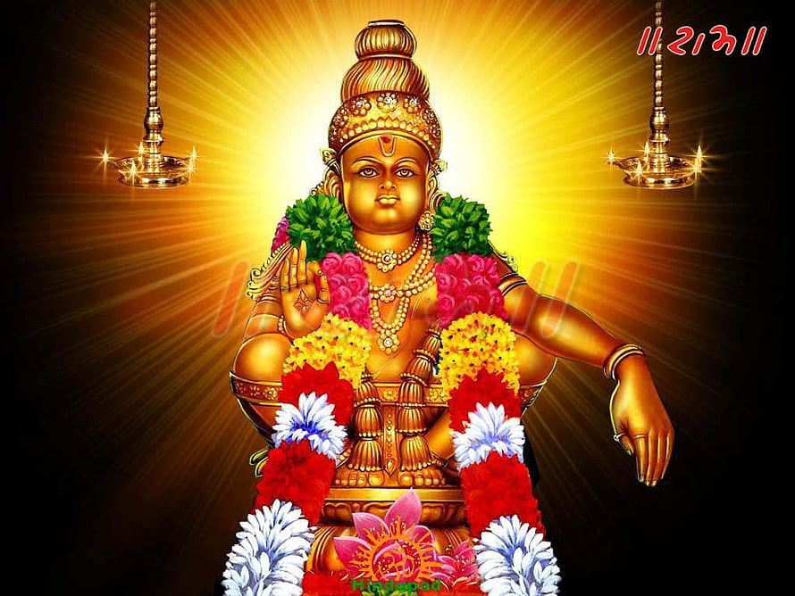 Ayyappa Swamy Golden Idol Adorned With Flower Garlands And Radiant Divine Light HD wallpaper