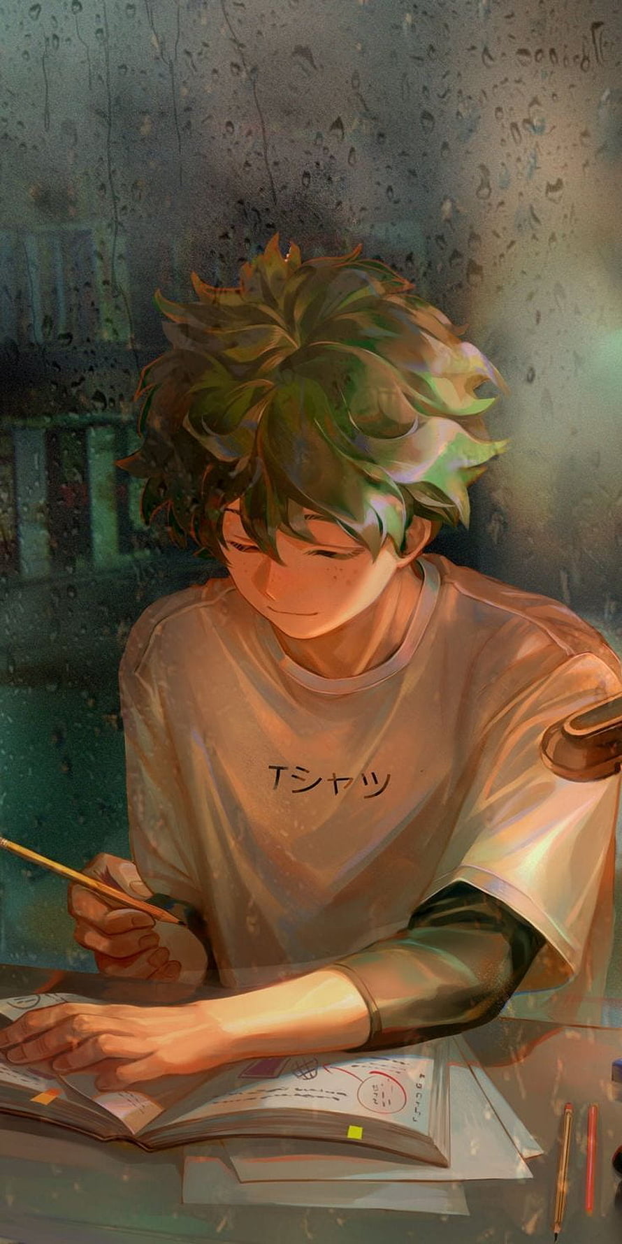 Anime Boy Studying By Rainy Window HD phone wallpaper