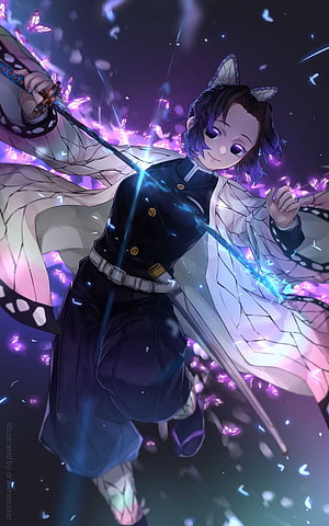 Shinobu Kocho from Demon Slayer wielding her sword surrounded by purple butterflies HD phone wallpaper
