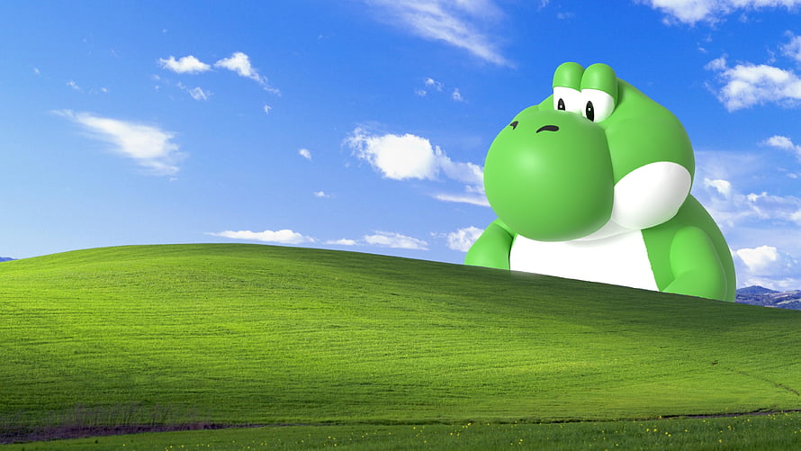 Giant Yoshi Peeking Over a Lush Green Hill Under a Bright Blue Sky HD wallpaper
