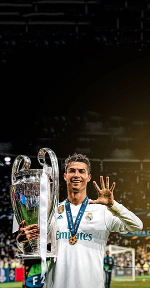 Cristiano Ronaldo Celebrating With Champions League Trophy In Real Madrid Kit HD phone wallpaper
