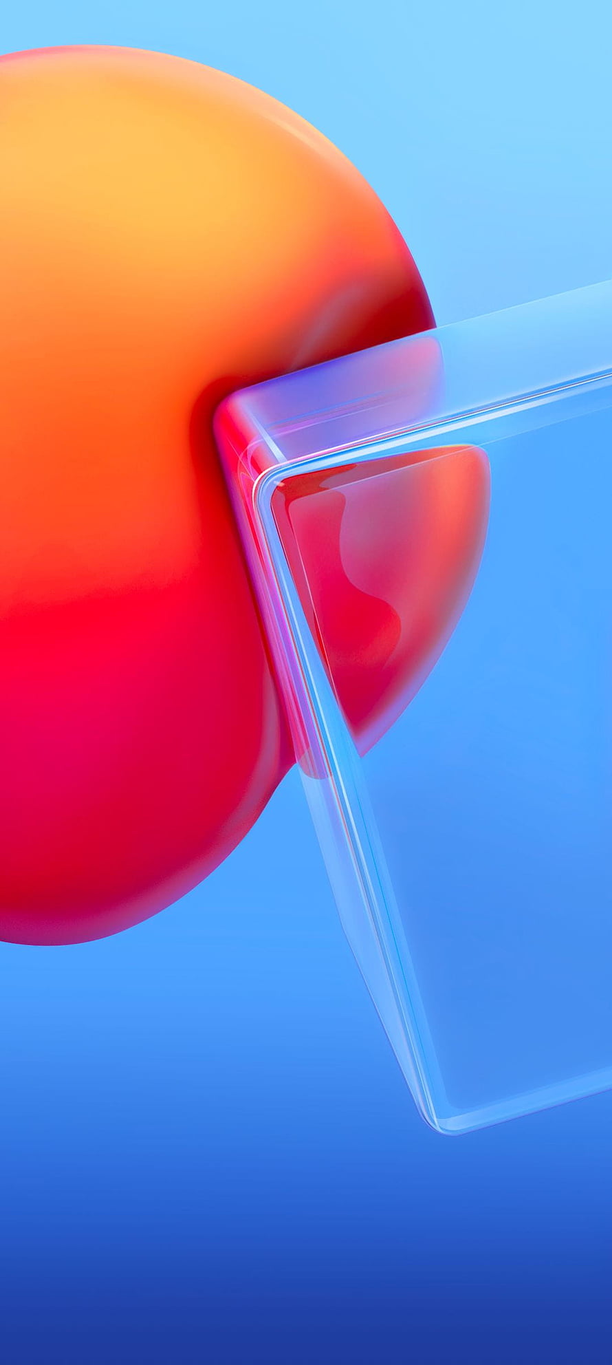 Abstract 3D Render of Glossy Orange Sphere and Transparent Glass Cube on Blue Background HD phone wallpaper