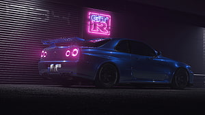 Blue Nissan Skyline GT-R R34 in Neon Lit Garage HD wallpaper