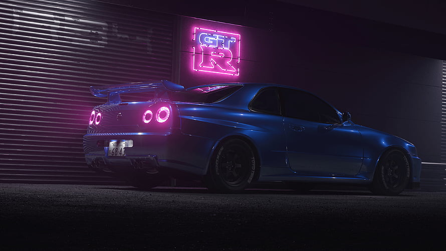 Blue Nissan Skyline GT-R R34 in Neon Lit Garage HD wallpaper