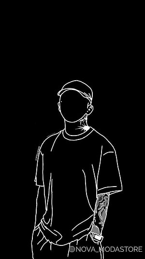 Minimalist White Line Art of a Faceless Man with Tattoos and Cap on Black Background, juli on Dp, black boys drawing HD phone wallpaper