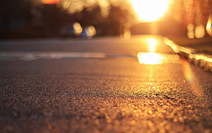 Golden Hour Sunlight Reflecting on Wet Asphalt Road Surface with Bokeh HD wallpaper