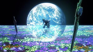 Gundam 00 Knight of Dignity Standing in Flower Field with Earth in Background HD wallpaper