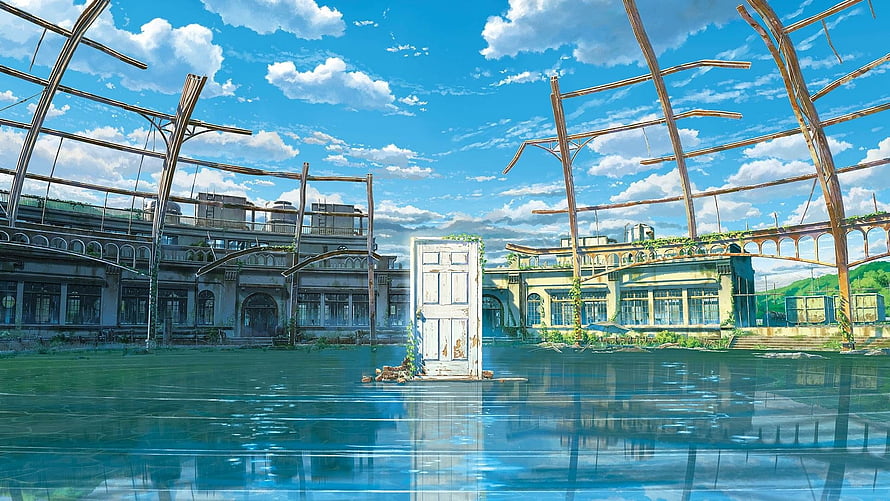 Surreal Anime Style Abandoned Building Flooded With Water And Floating Door HD wallpaper