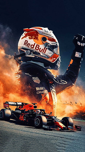 Max Verstappen Red Bull Racing F1 Helmet and Car Celebration Wallpaper HD phone wallpaper