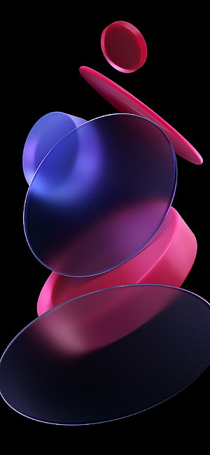 Abstract 3D Geometric Composition with Floating Discs in Pink and Blue on Black Background HD phone wallpaper
