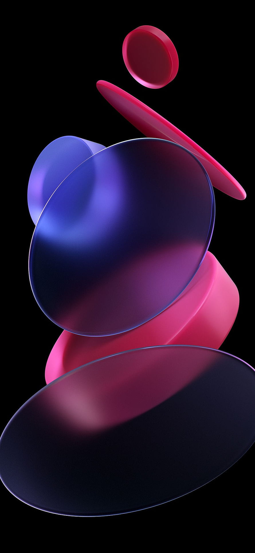 Abstract 3D Geometric Composition with Floating Discs in Pink and Blue on Black Background HD phone wallpaper