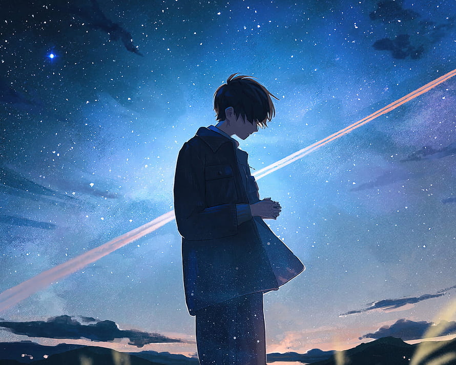 Anime Boy Standing Under Starry Night Sky With Shooting Star HD wallpaper
