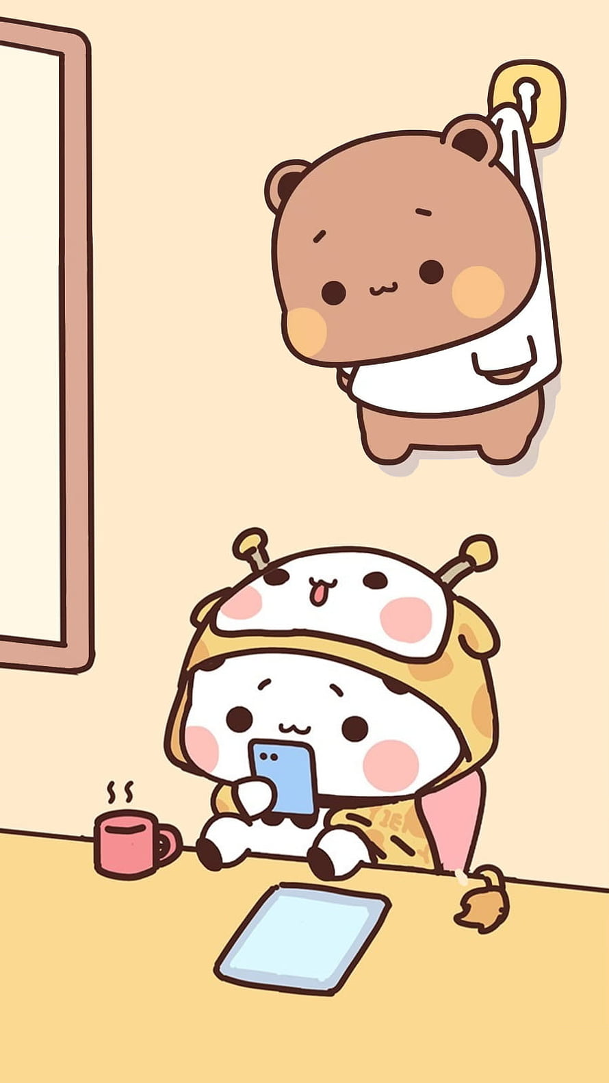 Cute Chiikawa and Hachiware Cartoon Characters Relaxing with Smartphone and Tablet HD phone wallpaper