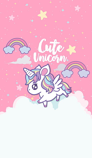 Cute Cartoon Unicorn with Rainbow Mane and Wings on Pink Cloud Background HD phone wallpaper